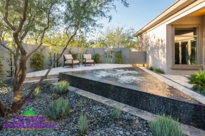 Custom backyard design with triangular spa, organized planting and privacy wall.