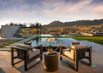 Backyard design with two-story shade structure and pool