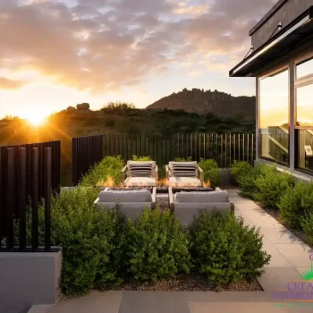 Custom backyard design with metal fencing, fire table and outdoor seating area.