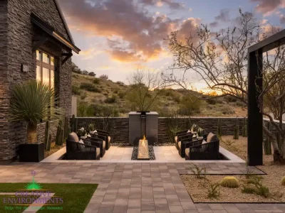 Front yard design with fire table and sunken seating area.