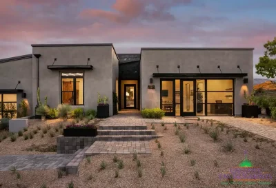 Custom front yard design with organized planting, brick pavers and metal planters.