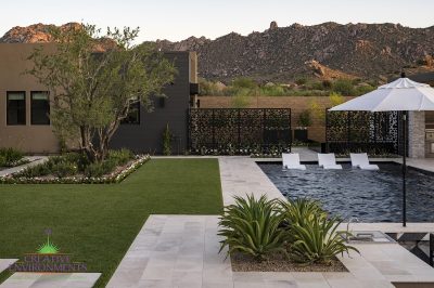 Custom backyard design with artificial grass, custom metal dividers and large baja step in black pool.