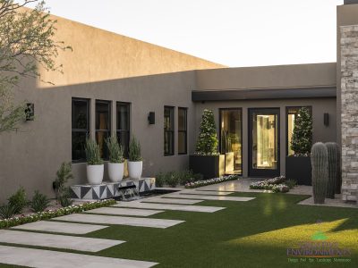 Custom backyard design with elevated, deco-tile platform water feature, large planters and cacti.