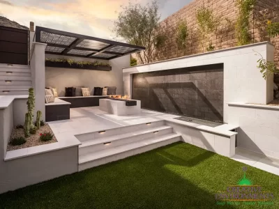 Backyard design with cantilevered shade structure and water feature
