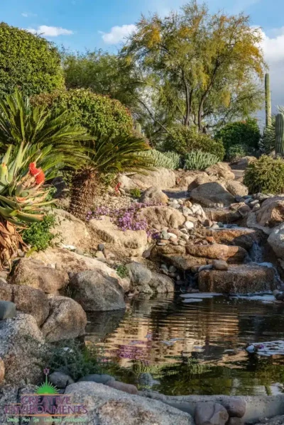 Outdoor living with natural stone waterfall, trees and cacti