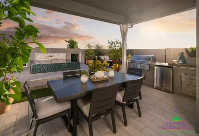 Custom backyard design with outdoor kitchen, raised spa and outdoor dining area.