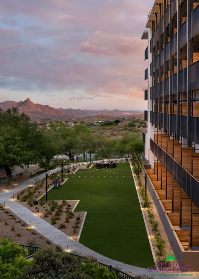 Custom community area with artificial turf, string lights and organized planting.