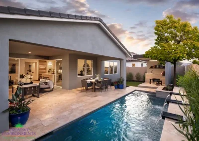 Custom backyard design with blue pool, metal scupper water feature and outdoor bar.