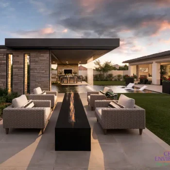 Custom backyard design with metal shade structure, outdoor dining area and artificial turf.