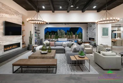 Custom indoor/outdoor design fusion with similar marble fireplaces, multiple seating areas and privacy hedges.