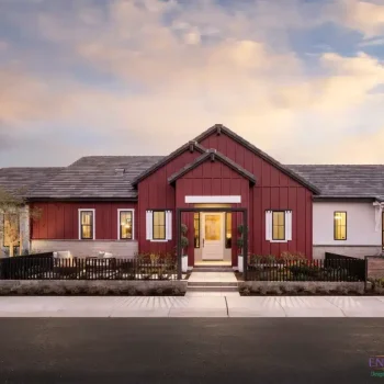 Custom front yard design with farmhouse design, metal fencing and metal archway.