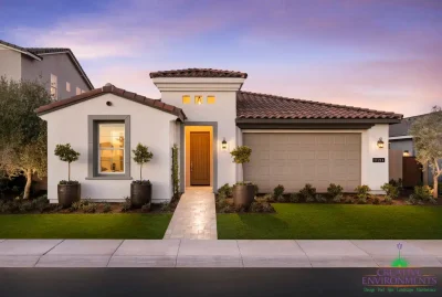 Custom front yard design with large planters, artificial turf and organized planting.