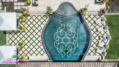 Custom backyard design with unique-shaped pool, artificial turf pattern and multiple seating areas.