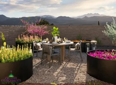 Custom backyard design with circular planters, outdoor dining area and annuals.