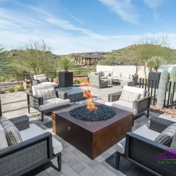 Backyard design with fire pit, cacti and palm trees.