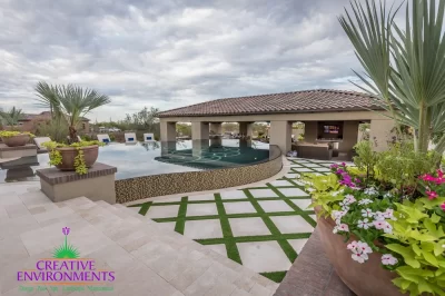 Custom backyard design with artificial turf pattern, large planters and curved, zero-edge pool.